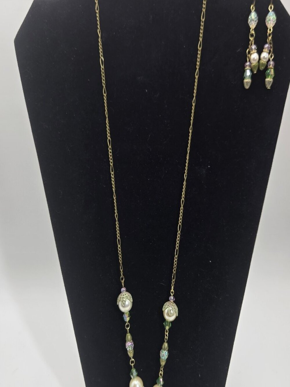 Iridescent Gold Tone Beaded Necklace & earring Set Handmade Item 52